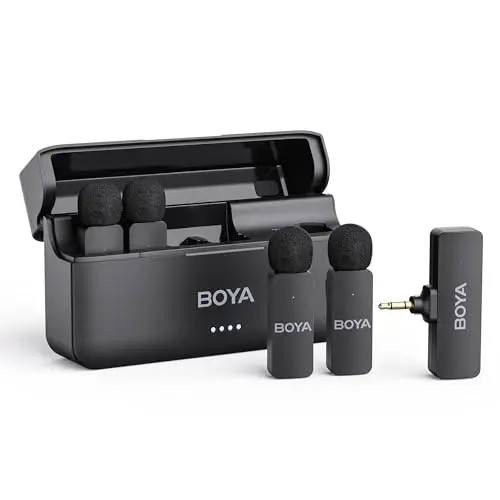 BOYA BY-V4 Wireless Microphones for Cameras DSLR Camcorder with Charging case, 12H Battery Life, 650ft Range, 4-Channel Omnidirectional Noise Canceling Lavalier Mic for Live Streaming Vlog - 1