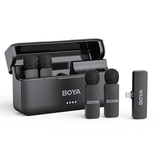 BOYA BY-V4D Wireless Lavalier Microphone for iPhone iPad with Charging case, 18H Battery Life, 650ft Range, 4-Channel Omnidirectional Noise Canceling Lapel Mics for Video Recording Interview Vlog - 1