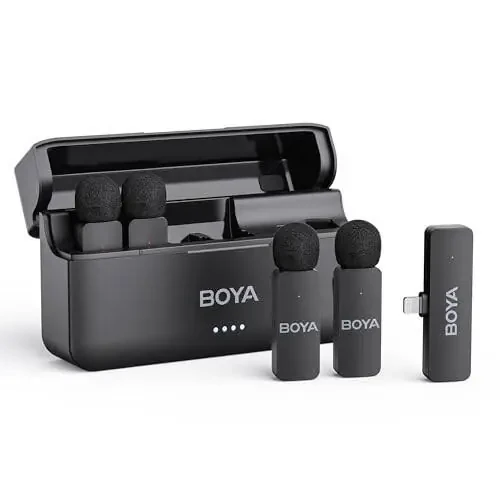 BOYA BY-V4D Wireless Lavalier Microphone for iPhone iPad with Charging case, 18H Battery Life, 650ft Range, 4-Channel Omnidirectional Noise Canceling Lapel Mics for Video Recording Interview Vlog - 1