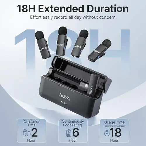 BOYA BY-V4D Wireless Lavalier Microphone for iPhone iPad with Charging case, 18H Battery Life, 650ft Range, 4-Channel Omnidirectional Noise Canceling Lapel Mics for Video Recording Interview Vlog - 2