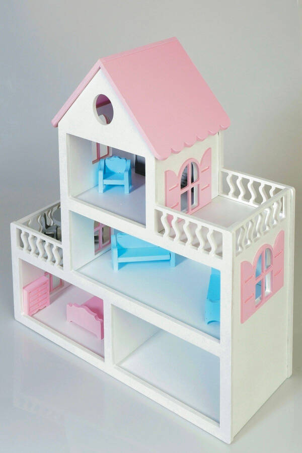 Boyalı Ahşap Barbie Bebek Evi Oyuncak (15 Adet Mobilya Hediyeli) - 3