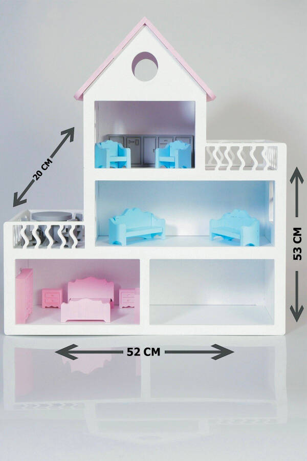 Boyalı Ahşap Barbie Bebek Evi Oyuncak (15 Adet Mobilya Hediyeli) - 4