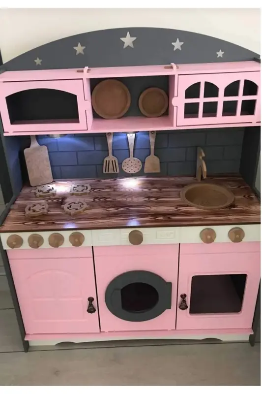 Boyalı Ahşap Oyuncak Mutfak Servis Seti Ve 1 Led Aydınlatma Hediyeli - Pembe - 3