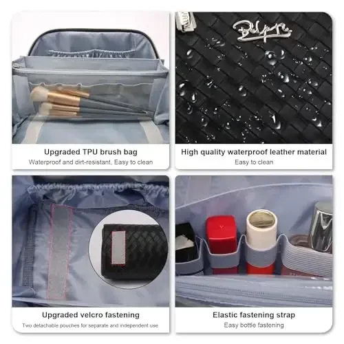BOYATU Ayollar uchun sayohat kosmetik sumkalari: Katta kosmetik sumka - PU teri Makiyaj sumkasi 3 to'plam - Bo'linmali ixcham tualet buyumlari tashkilotchisi (L03 Qora) - 4
