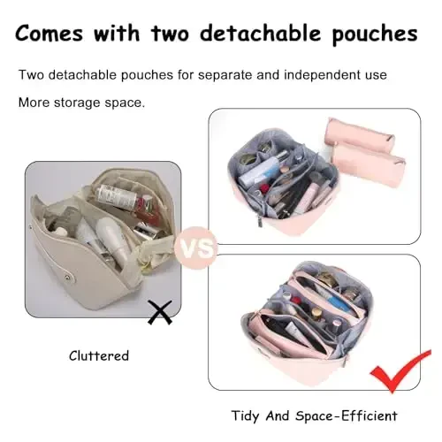 BOYATU Ayollar uchun sayohat kosmetika sumkalari: Vegan charm kosmetika sumkasi 3 to'plamdan iborat - Katta hajmli bo'linmali bo'yanish sumkasi - Tutqichli keng ochiladigan suv o'tkazmaydigan hojatxona sumkasi (05-Pushti) - 5