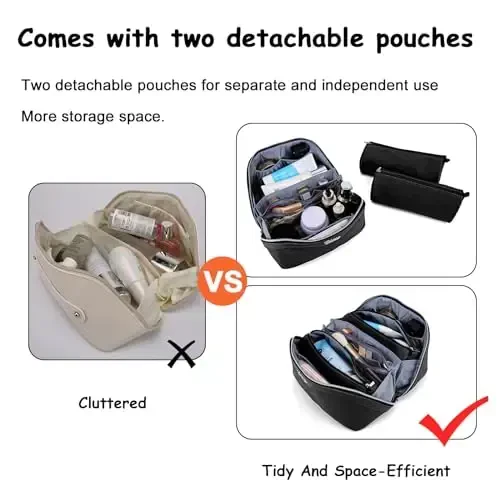 BOYATU Дорожные косметички для женщин: набор косметичек из веганской кожи, 3 шт. - Большая косметичка с разделителем - Широкая водонепроницаемая косметичка с ручкой (L13-черный) - 6