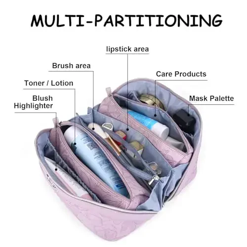 BOYATU Travel Makeup Bags Cosmetic Organizer Bag: 3-Set Large Capacity Make up Bag - PU Leather Toiletry Bags for Women - Wide Open Portable Pouch with Divider & Handle (01-Z-Light Purple) - 5