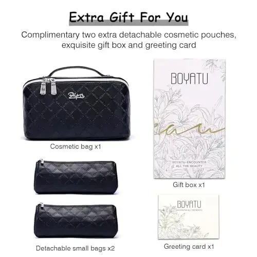 BOYATU Travel Makeup Bags Cosmetic Organizer Bag: 3-Set Large Capacity Make up Bag - PU Leather Toiletry Bags for Women - Wide Open Portable Pouch with Divider & Handle (07-Black 6) - 6