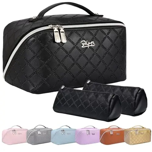 BOYATU Travel Makeup Bags Cosmetic Organizer Bag: 3-Set Large Capacity Make up Bag - PU Leather Toiletry Bags for Women - Wide Open Portable Pouch with Divider & Handle (07-Black 6) - 1