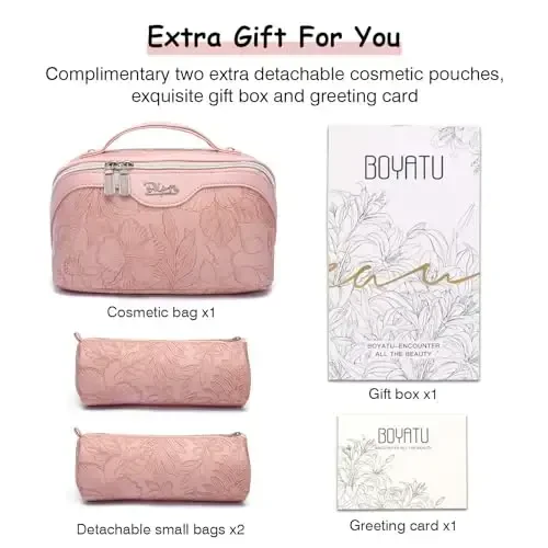 BOYATU Travel Makeup Bags Cosmetic Organizer Bag: 3-Set Large Capacity Make up Bag - PU Leather Toiletry Bags for Women - Wide Open Portable Pouch with Divider & Handle (01-Z-Pink) - 2