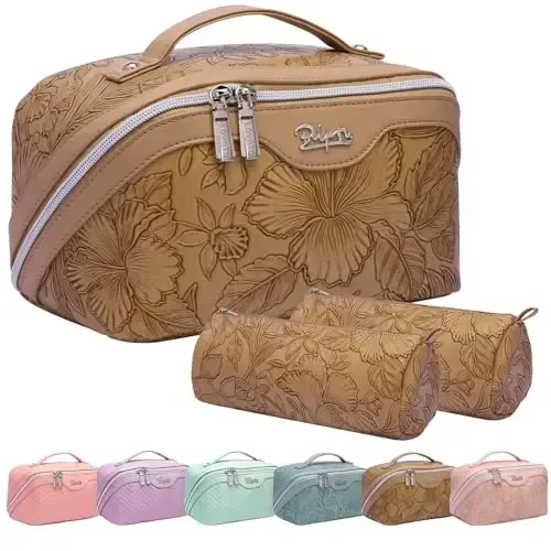 BOYATU Travel Makeup Bags Cosmetic Organizer Bag: 3-Set Large Capacity Make up Bag - PU Leather Toiletry Bags for Women - Wide Open Portable Pouch with Divider & Handle (01-Z-Brown) - MODAZONE