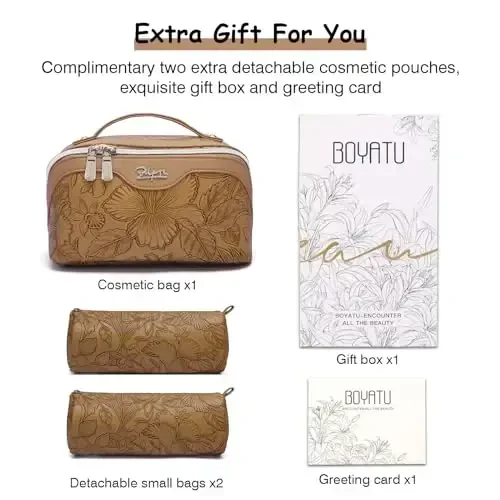 BOYATU Travel Makeup Bags Cosmetic Organizer Bag: 3-Set Large Capacity Make up Bag - PU Leather Toiletry Bags for Women - Wide Open Portable Pouch with Divider & Handle (01-Z-Brown) - 6