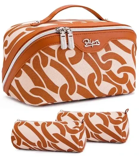 BOYATU Travel Makeup Bag for Women: Large Capacity 3-Piece Cosmetic & Toiletry Organizer - Expands Storage by 50% with 2 Detachable Pouches,Opens Flat for Easy Packing,Waterproof PU Leather(Orange) - 1