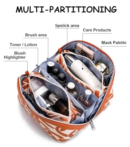 BOYATU Travel Makeup Bag for Women: Large Capacity 3-Piece Cosmetic & Toiletry Organizer - Expands Storage by 50% with 2 Detachable Pouches,Opens Flat for Easy Packing,Waterproof PU Leather(Orange) - 4