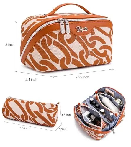 BOYATU Travel Makeup Bag for Women: Large Capacity 3-Piece Cosmetic & Toiletry Organizer - Expands Storage by 50% with 2 Detachable Pouches,Opens Flat for Easy Packing,Waterproof PU Leather(Orange) - 5