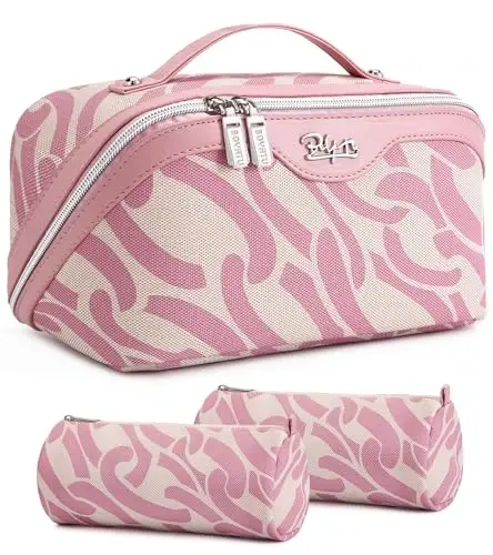 BOYATU Travel Makeup Bag for Women: Large Capacity 3-Piece Cosmetic & Toiletry Organizer - Expands Storage by 50% with 2 Detachable Pouches,Opens Flat for Easy Packing,Waterproof PU Leather(Pink) - 1