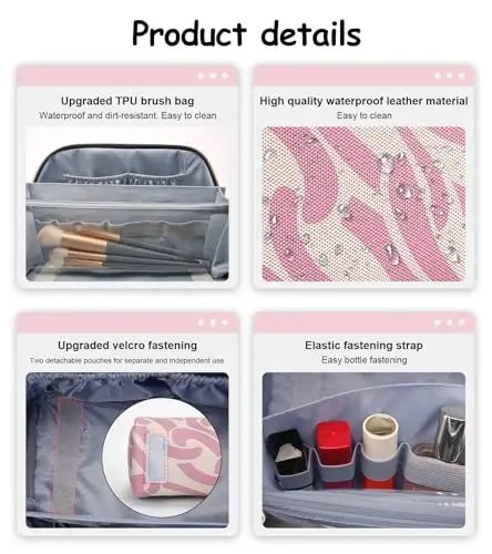 BOYATU Travel Makeup Bag for Women: Large Capacity 3-Piece Cosmetic & Toiletry Organizer - Expands Storage by 50% with 2 Detachable Pouches,Opens Flat for Easy Packing,Waterproof PU Leather(Pink) - 6
