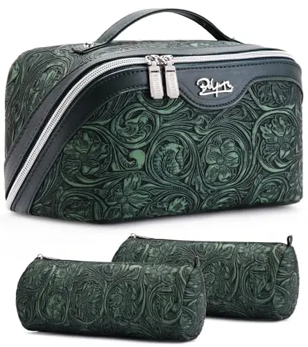 BOYATU Travel Makeup Bags Cosmetic Organizer Bag: 3 Pcs Set Large Capacity Floral Make up Bag with Compartments - Waterproof Leather Toiletry Bags with Handle for Women (18-Green) - 1
