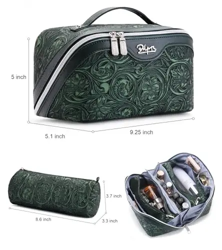BOYATU Travel Makeup Bags Cosmetic Organizer Bag: 3 Pcs Set Large Capacity Floral Make up Bag with Compartments - Waterproof Leather Toiletry Bags with Handle for Women (18-Green) - 2