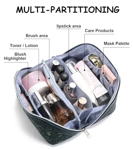 BOYATU Travel Makeup Bags Cosmetic Organizer Bag: 3 Pcs Set Large Capacity Floral Make up Bag with Compartments - Waterproof Leather Toiletry Bags with Handle for Women (18-Green) - 3
