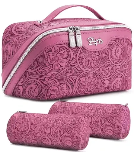 BOYATU Travel Makeup Bags Cosmetic Organizer Bag: 3 Pcs Set Large Capacity Floral Make up Bag with Compartments - Waterproof Leather Toiletry Bags with Handle for Women (20-Red) - 1