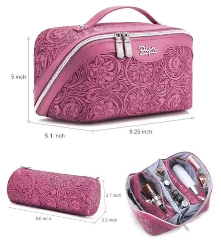 BOYATU Travel Makeup Bags Cosmetic Organizer Bag: 3 Pcs Set Large Capacity Floral Make up Bag with Compartments - Waterproof Leather Toiletry Bags with Handle for Women (20-Red) - BOYATU (1)