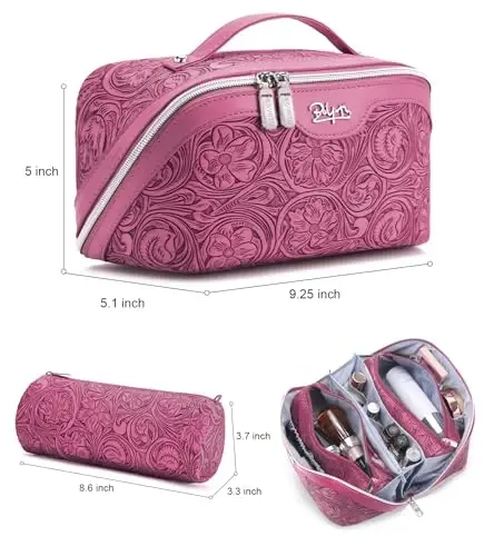 BOYATU Travel Makeup Bags Cosmetic Organizer Bag: 3 Pcs Set Large Capacity Floral Make up Bag with Compartments - Waterproof Leather Toiletry Bags with Handle for Women (20-Red) - 2