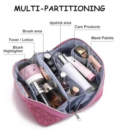 BOYATU Travel Makeup Bags Cosmetic Organizer Bag: 3 Pcs Set Large Capacity Floral Make up Bag with Compartments - Waterproof Leather Toiletry Bags with Handle for Women (20-Red) - 3