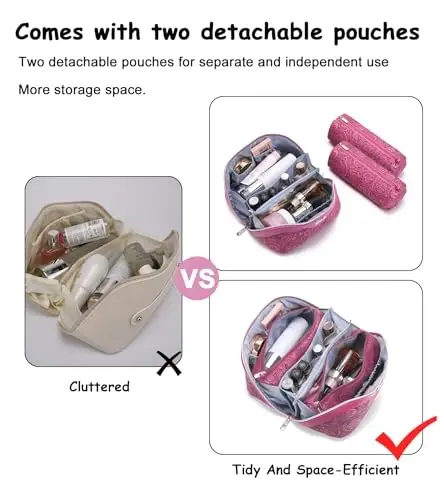 BOYATU Travel Makeup Bags Cosmetic Organizer Bag: 3 Pcs Set Large Capacity Floral Make up Bag with Compartments - Waterproof Leather Toiletry Bags with Handle for Women (20-Red) - 4