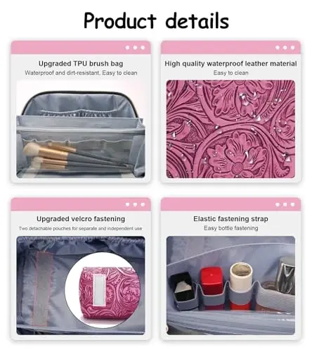 BOYATU Travel Makeup Bags Cosmetic Organizer Bag: 3 Pcs Set Large Capacity Floral Make up Bag with Compartments - Waterproof Leather Toiletry Bags with Handle for Women (20-Red) - 6