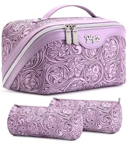 BOYATU Travel Makeup Bags Cosmetic Organizer Bag: 3 Pcs Set Large Capacity Floral Make up Bag with Compartments - Waterproof Leather Toiletry Bags with Handle for Women (21-Purple) - 1