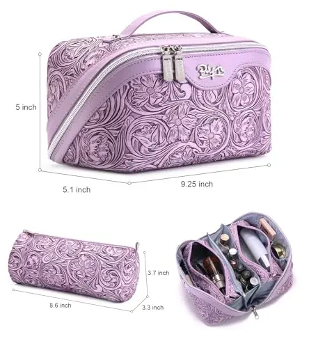 BOYATU Travel Makeup Bags Cosmetic Organizer Bag: 3 Pcs Set Large Capacity Floral Make up Bag with Compartments - Waterproof Leather Toiletry Bags with Handle for Women (21-Purple) - BOYATU (1)