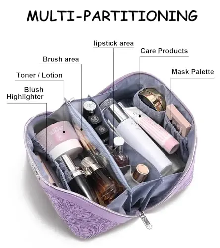BOYATU Travel Makeup Bags Cosmetic Organizer Bag: 3 Pcs Set Large Capacity Floral Make up Bag with Compartments - Waterproof Leather Toiletry Bags with Handle for Women (21-Purple) - 3