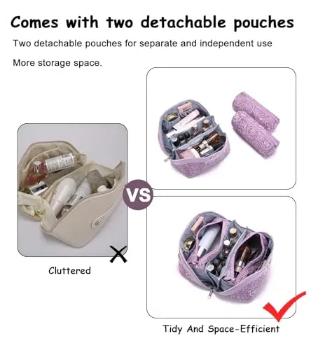 BOYATU Travel Makeup Bags Cosmetic Organizer Bag: 3 Pcs Set Large Capacity Floral Make up Bag with Compartments - Waterproof Leather Toiletry Bags with Handle for Women (21-Purple) - 4