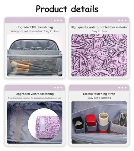 BOYATU Travel Makeup Bags Cosmetic Organizer Bag: 3 Pcs Set Large Capacity Floral Make up Bag with Compartments - Waterproof Leather Toiletry Bags with Handle for Women (21-Purple) - 6
