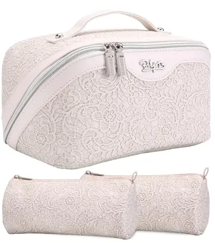 BOYATU Travel Makeup Bags Cosmetic Organizer Bag: 3 Pcs Set Large Capacity Make up Bag with Compartments - Waterproof Leather Toiletry Bags with Handle for Women (A-White) - 1
