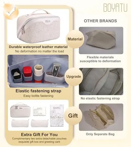 BOYATU Travel Makeup Bags Cosmetic Organizer Bag: 3 Pcs Set Large Capacity Make up Bag with Compartments - Waterproof Leather Toiletry Bags with Handle for Women (A-White) - 2
