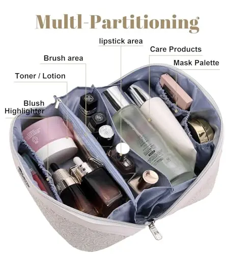 BOYATU Travel Makeup Bags Cosmetic Organizer Bag: 3 Pcs Set Large Capacity Make up Bag with Compartments - Waterproof Leather Toiletry Bags with Handle for Women (A-White) - 3