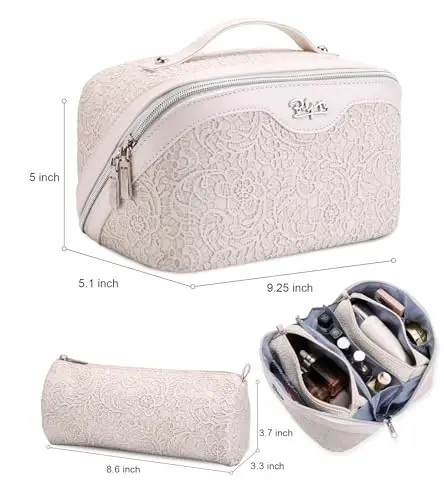 BOYATU Travel Makeup Bags Cosmetic Organizer Bag: 3 Pcs Set Large Capacity Make up Bag with Compartments - Waterproof Leather Toiletry Bags with Handle for Women (A-White) - 4