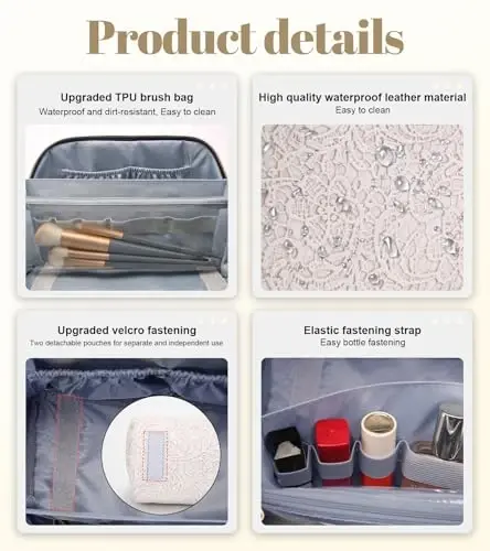 BOYATU Travel Makeup Bags Cosmetic Organizer Bag: 3 Pcs Set Large Capacity Make up Bag with Compartments - Waterproof Leather Toiletry Bags with Handle for Women (A-White) - 5
