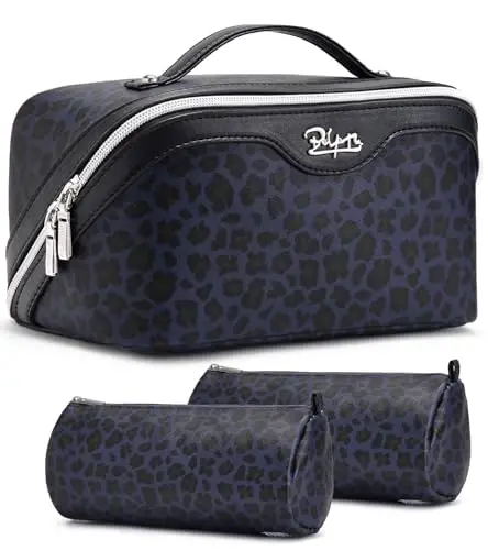 BOYATU Travel Makeup Bags Cosmetic Organizer Bag: 3 Pcs Set Large Capacity Make up Bag with Compartments - Waterproof Leather Toiletry Bags with Handle for Women (B-Blue) - 1