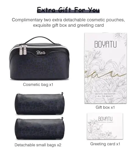 BOYATU Travel Makeup Bags Cosmetic Organizer Bag: 3 Pcs Set Large Capacity Make up Bag with Compartments - Waterproof Leather Toiletry Bags with Handle for Women (B-Blue) - 2