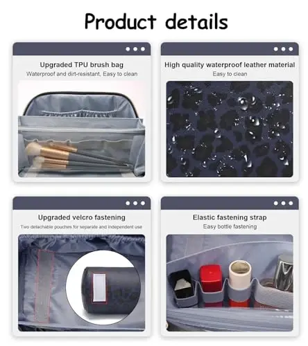 BOYATU Travel Makeup Bags Cosmetic Organizer Bag: 3 Pcs Set Large Capacity Make up Bag with Compartments - Waterproof Leather Toiletry Bags with Handle for Women (B-Blue) - 4