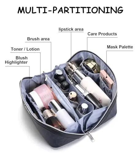BOYATU Travel Makeup Bags Cosmetic Organizer Bag: 3 Pcs Set Large Capacity Make up Bag with Compartments - Waterproof Leather Toiletry Bags with Handle for Women (B-Blue) - 5