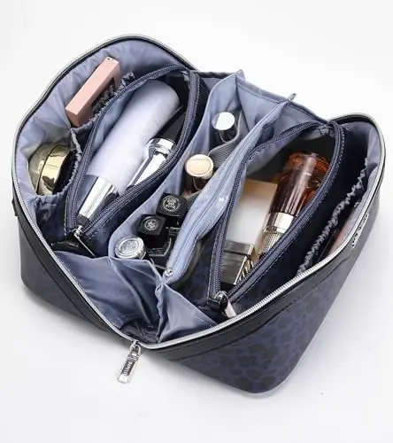 BOYATU Travel Makeup Bags Cosmetic Organizer Bag: 3 Pcs Set Large Capacity Make up Bag with Compartments - Waterproof Leather Toiletry Bags with Handle for Women (B-Blue) - 6