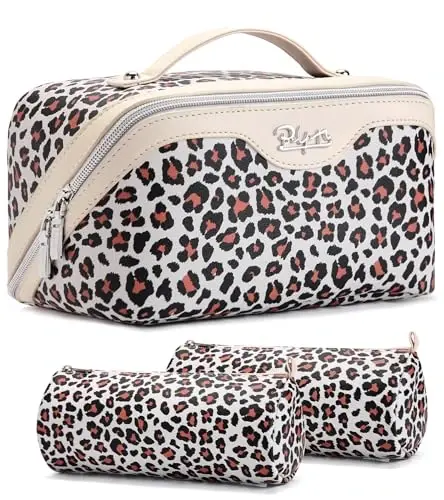 BOYATU Travel Makeup Bags Cosmetic Organizer Bag: 3 Pcs Set Large Capacity Make up Bag with Compartments - Waterproof Leather Toiletry Bags with Handle for Women (B-White) - 1