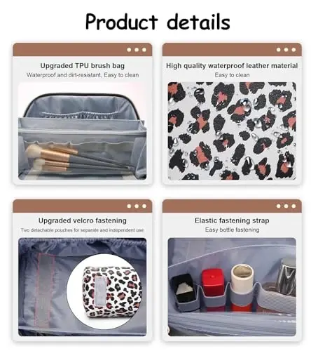 BOYATU Travel Makeup Bags Cosmetic Organizer Bag: 3 Pcs Set Large Capacity Make up Bag with Compartments - Waterproof Leather Toiletry Bags with Handle for Women (B-White) - 4