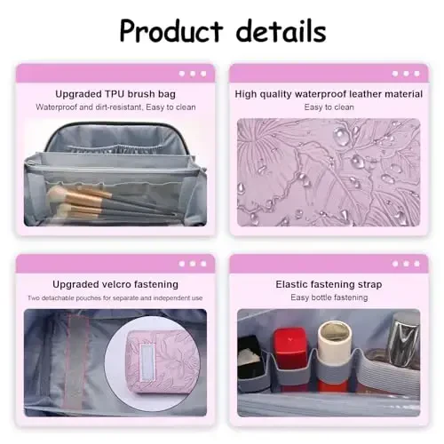 BOYATU Travel Makeup Bags Cosmetic Organizer Bag: 3-Set Large Capacity Make up Bag - PU Leather Toiletry Bags for Women - Wide Open Portable Pouch with Divider & Handle (01-Z-Light Purple) - 2