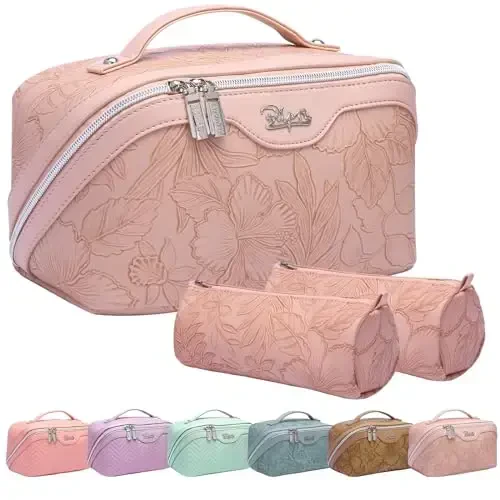 BOYATU Travel Makeup Bags Cosmetic Organizer Bag: 3-Set Large Capacity Make up Bag - PU Leather Toiletry Bags for Women - Wide Open Portable Pouch with Divider & Handle (01-Z-Pink) 