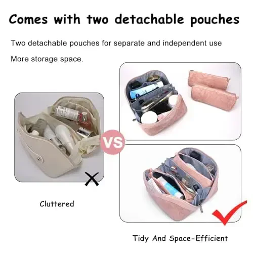 BOYATU Travel Makeup Bags Cosmetic Organizer Bag: 3-Set Large Capacity Make up Bag - PU Leather Toiletry Bags for Women - Wide Open Portable Pouch with Divider & Handle (01-Z-Pink) - 4